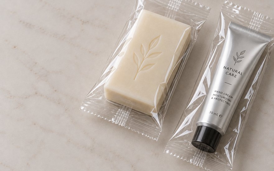 Şeffaf flow-pack filmde paketlenmiş sabun kalıbı ve kozmetik tüp